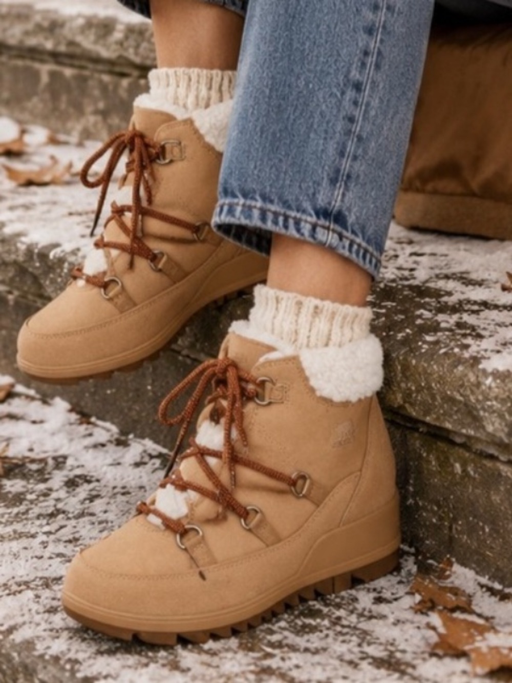 NEW SOREL Women Evie Wedge Waterproof Lace-Up Bootie US 11 Tawny Buff/Wood